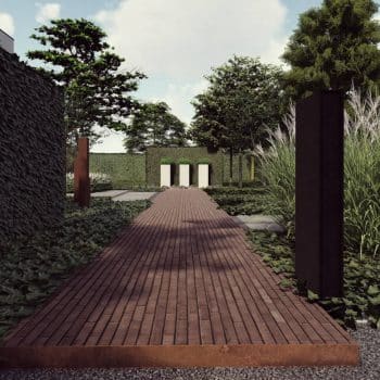 3D render van Bart Tempels Tuinarchitectuur met een lange zichtas in kleiklinkers dat eindigt bij 3 plantbakken.