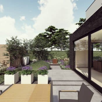 3D simulatie van een strakke tuin van Bart Tempels Tuinarchitectuur met een ruim terras, plantbakken en een waterelement in cortenstaal bij een moderne woning.